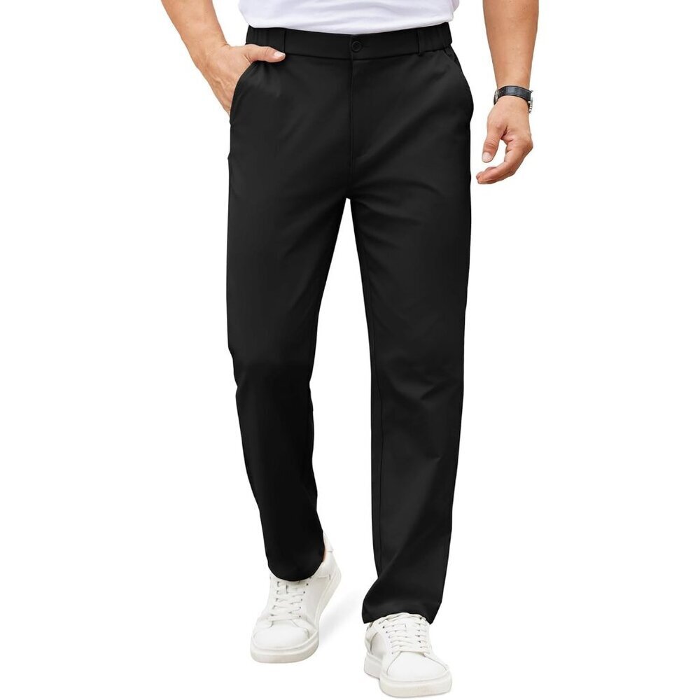 Coofandy Men Black Elastic Waist Business Dress Pants with Pockets